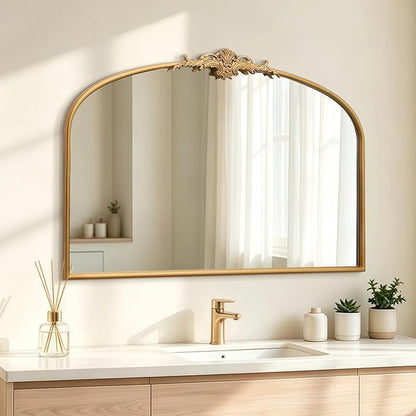 Besdomus Antique Arched Gold Mirror: 40"x29" French Large Decorative Gold Vintage Wall Vanity Mirror - Baroque Traditional Ornate for Bedroom/Bathroom/Fireplace/Entryway - Home Decor for Homemakers