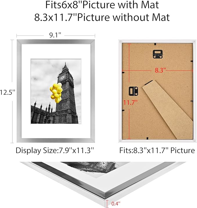 A4 Picture Frame Set of 6, Display Pictures 6x8 with Mat or 8.3x11.7 Without Mat, Document 8.3 x 11.7 Frame, Poster Frames,Silver