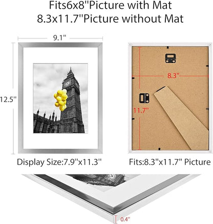 A4 Picture Frame Set of 6, Display Pictures 6x8 with Mat or 8.3x11.7 Without Mat, Document 8.3 x 11.7 Frame, Poster Frames,Silver