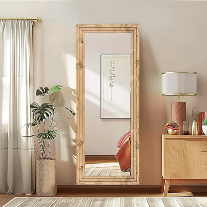 Full Length Mirror 58"x22" Solid Wood Frame Floor Large Mirror for Living Room, Bedroom Hanging or Leaning Wall-Mounted, Light Brown