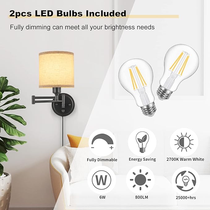 GOODATE ENCOMLI Dimmable Plug in Wall Sconces, Swing Arm Wall Lamp, Wall Sconces Set of Two, Plug in Wall Light, Sconces Wall Decor Set of 2, Linen Fabric Shade, 2pcs Bulbs Included