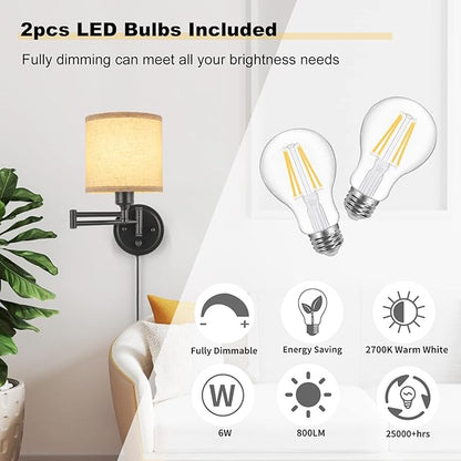 GOODATE ENCOMLI Dimmable Plug in Wall Sconces, Swing Arm Wall Lamp, Wall Sconces Set of Two, Plug in Wall Light, Sconces Wall Decor Set of 2, Linen Fabric Shade, 2pcs Bulbs Included