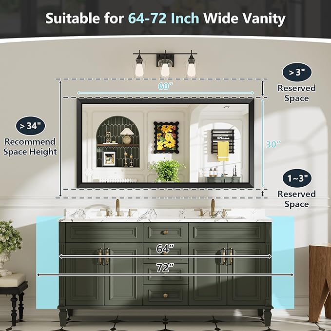 60x30 Inch Black Bathroom Mirror for Wall, Beveled Framed Rectangle Bathroom Vanity Mirrors for Over Sink, Bedroom, Living Room, Entryway, Anti-Rust, HD Tempered Glass, Horizontally/Vertically