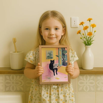Cyebmo Funny Bathroom Wall Art, Cute Black Cat Sitting on Toilet Reading Newspaper Wall Decor, Whimsical Pink Abstract Animal Canvas Artwork for Bathroom Kid's Restroom Bedroom Wood Framed 8x10 Inch
