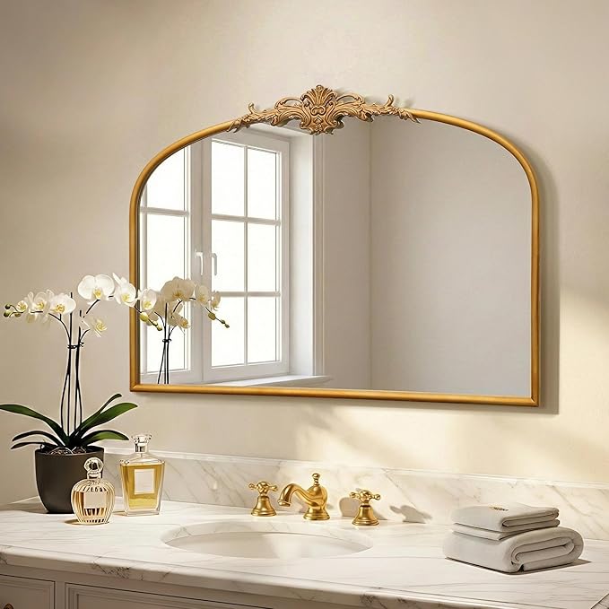 Besdomus Antique Arched Gold Mirror: 32"x24" French Large Gleaming Gold Antique Wall Mounted Mirror - Baroque Traditional Ornate for Fireplace/Bathroom/Bedroom - Wall Decor for Homemakers