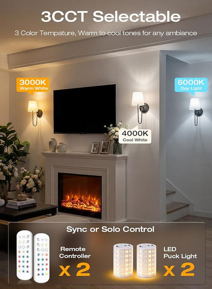 CLOUDY BAY 10000mAh Battery Operated Wall Sconces,Up to 100 Hours with Rechargeable RGB Dimmable Magnetic Bulb,Cordless Wall Lighting Fixtures with Remote for Bedroom,Black,2 Pack-15.4in