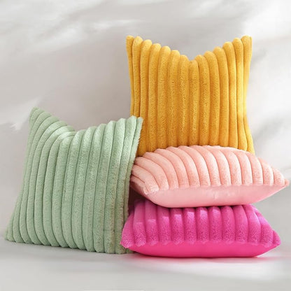 decorUhome Summer Cozy Faux Fur Throw Pillow Covers 16x16 Set of 2 Decorative Soft Plush Striped Modern Farmhouse Boho Couch Pillow Cases with Velvet Back for Sofa Bed Living Room, Hot Pink