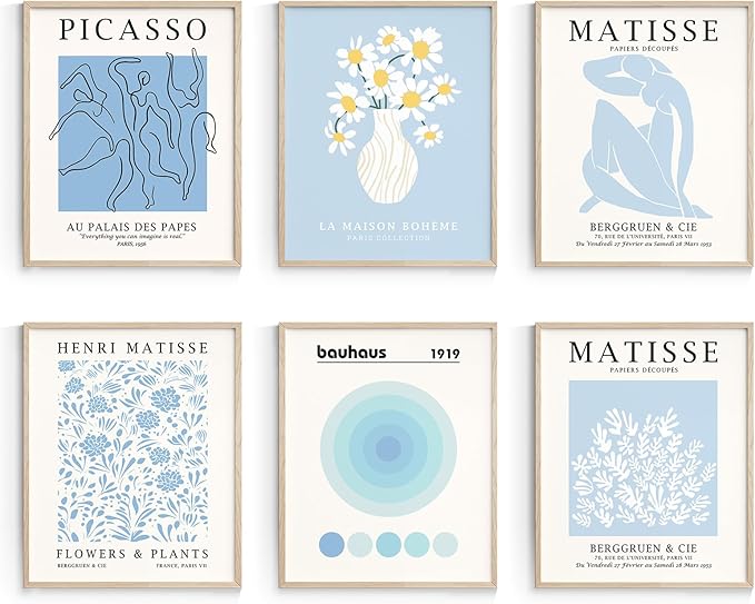 Habseligkeit Blue Matisse Wall Art Prints, Retro Abstract Wall Decors for Room Aesthtic, Flower Market Posters for Bedroom Decor Unframed, 8X10in, Set of 6