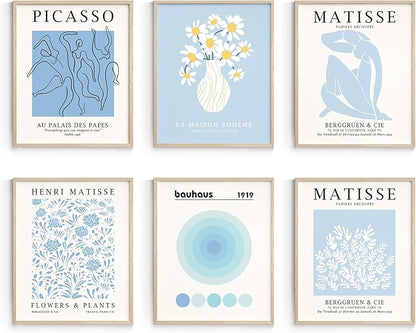 Habseligkeit Blue Matisse Wall Art Prints, Retro Abstract Wall Decors for Room Aesthtic, Flower Market Posters for Bedroom Decor Unframed, 8X10in, Set of 6