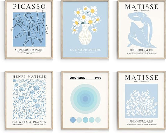 Habseligkeit Blue Matisse Wall Art Prints, Retro Abstract Wall Decors for Room Aesthtic, Flower Market Posters for Bedroom Decor Unframed, 8X10in, Set of 6