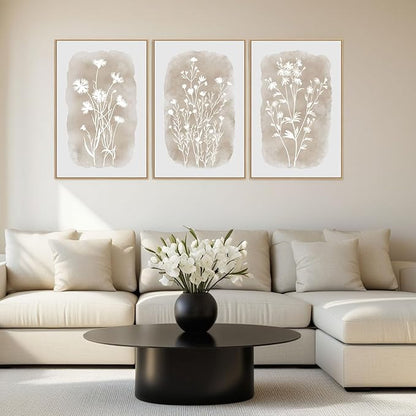 Neutral Wildflower Framed Wall Art Boho Botanical Vintage Minimalist Floral Canvas Farmhouse Wall Decor Beige Prints for Living Room Bedroom Office, 3 Panels, 16x24 Inch