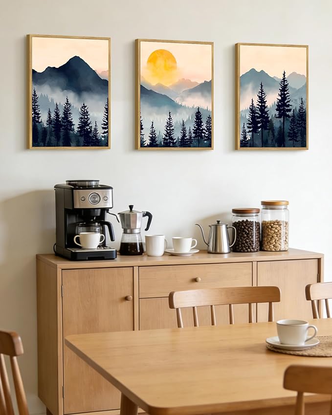 PHOPAGO Blue Fog Pine Tree Mountain Landscape Framed Wall Art Retro Watercolor Nature Misty Forest Artwork Paints Sun Rise Rustic Farmhouse Home Decor - 12x16in Natural Framed
