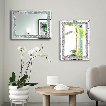 ZOLAPI 2PCS Crystal Rhinestone Diamond Wall Mirror.Brilliant Hand-Spliced Glass Mirror.Accent Decorative Mirror for Hallway/Bathroom/Bedroom（11”x15”）