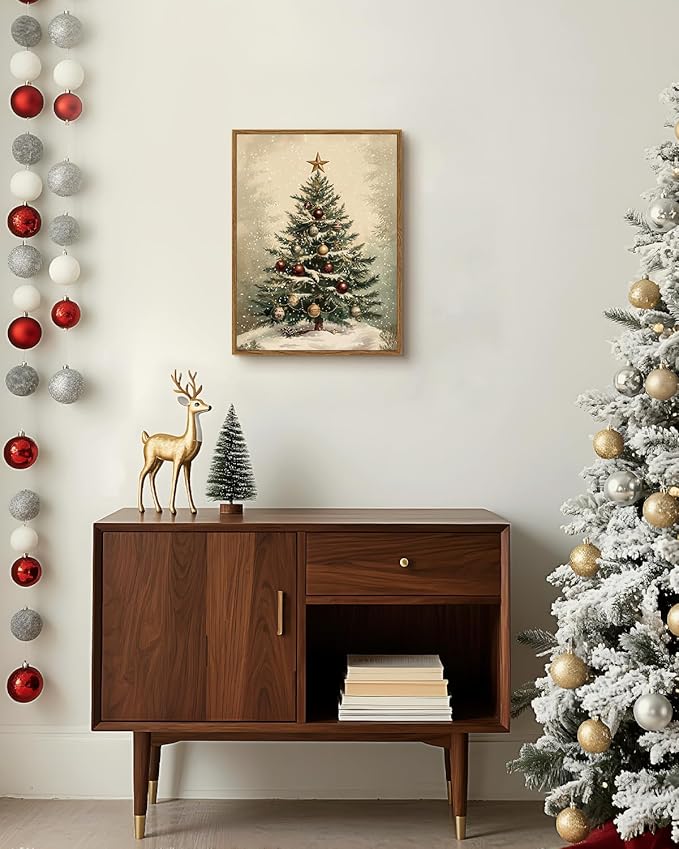 VIYYIEA Framed Canvas Wall Art Home Decor for Living Room, Vintage Christmas Tree Pictures, Christmas Decorations Indoor, Winter Wall Decor Gifts for Friends or Family - 16L x 12W