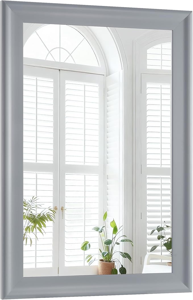 Wood Bathroom Mirror 24x36 Inch, Grey Wooden Rectangle Mirrors with Tempered Glass for Bathroom,Living Room or Entryway