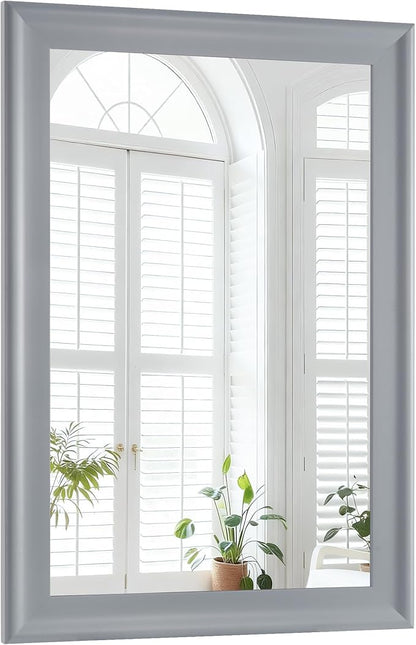 Wood Bathroom Mirror 24x36 Inch, Grey Wooden Rectangle Mirrors with Tempered Glass for Bathroom,Living Room or Entryway