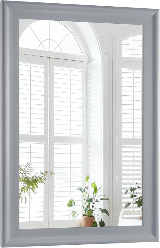 Wood Bathroom Mirror 24x36 Inch, Grey Wooden Rectangle Mirrors with Tempered Glass for Bathroom,Living Room or Entryway