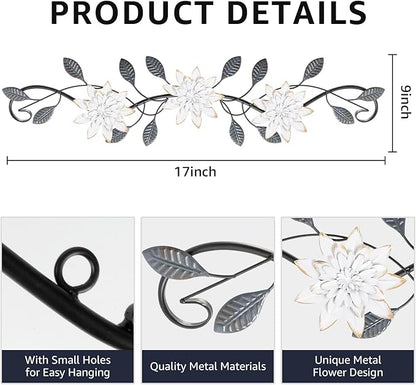KHJCXS Metal Wall Art Modern Minimalist Metal Flowers Indoor Decor Horizontal Wall Art Iron Artwork,for Over Door,Bedroom,Living Room,Kitchen,Office Scroll Decor (White3)