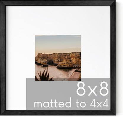 HAUS AND HUES 8x8 Black Metal Picture Frame Matted to 4x4 - Features Premium Aluminum & Hanging Hardware, Shatterproof Plexiglass - Ideal for Home, Room, Office (8x8 in, Black, Set of 1)