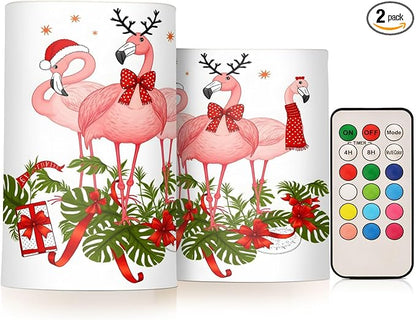 ALAZA Pink Flamingo Merry Christmas Happy New Year Flickering Flameless Candles Battery Operated with Remote Timer,Tea Light Candles LED Pillar Votive Candles Set of 2 for Outdoor Indoor Decorations