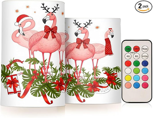 ALAZA Pink Flamingo Merry Christmas Happy New Year Flickering Flameless Candles Battery Operated with Remote Timer,Tea Light Candles LED Pillar Votive Candles Set of 2 for Outdoor Indoor Decorations