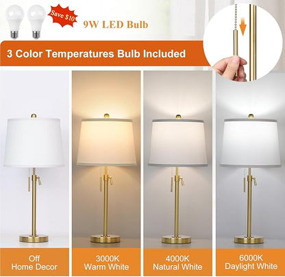JUNNAI 2 Pack 22"-30" Adjustable Height Table Lamps Set, Modern Gold Table Lamps with White Shade 3 Colour Temperature Pull Chain Tall Lamps for Living Room Bedroom Bedside End Table Nightstand