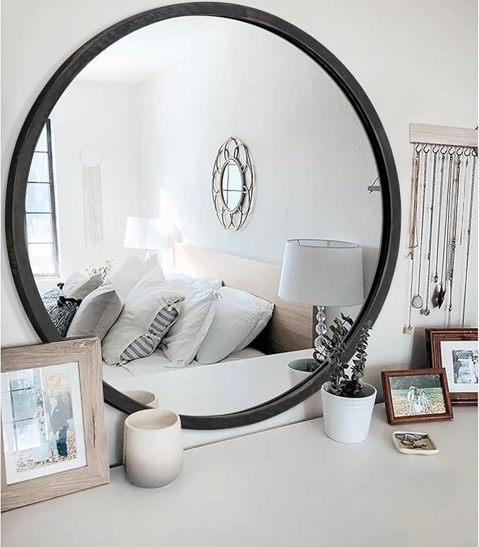JJUUYOU Black Circle Wall Mirror Round Wood Framed Mirror for Bathroom Hanging Round Mirror for Living Room Vanity Bedroom 24 Inch