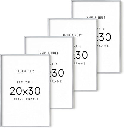 HAUS AND HUES 20x30 Silver Metal Picture Frames - Premium Aluminum with Vertical & Horizontal Hanging, Shatterproof Plexiglass - Perfect for Home or Office (20x30 in, Silver, Set of 4)