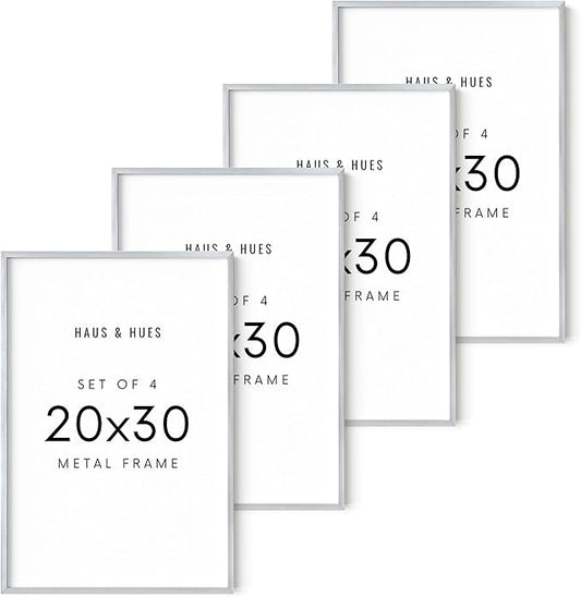 HAUS AND HUES 20x30 Silver Metal Picture Frames - Premium Aluminum with Vertical & Horizontal Hanging, Shatterproof Plexiglass - Perfect for Home or Office (20x30 in, Silver, Set of 4)