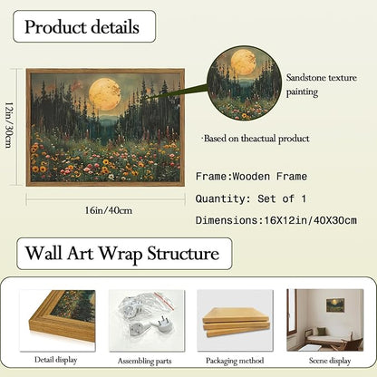 Vintage Forest Moon Wall Art, Nature Pine Tree Woodland Wall Decor Paintings, Dark Cottagecore Landscape 3D Textured Hand Drawn Sandstone Artwork for Bedroom Living Room 12x16 inch Wood Framed