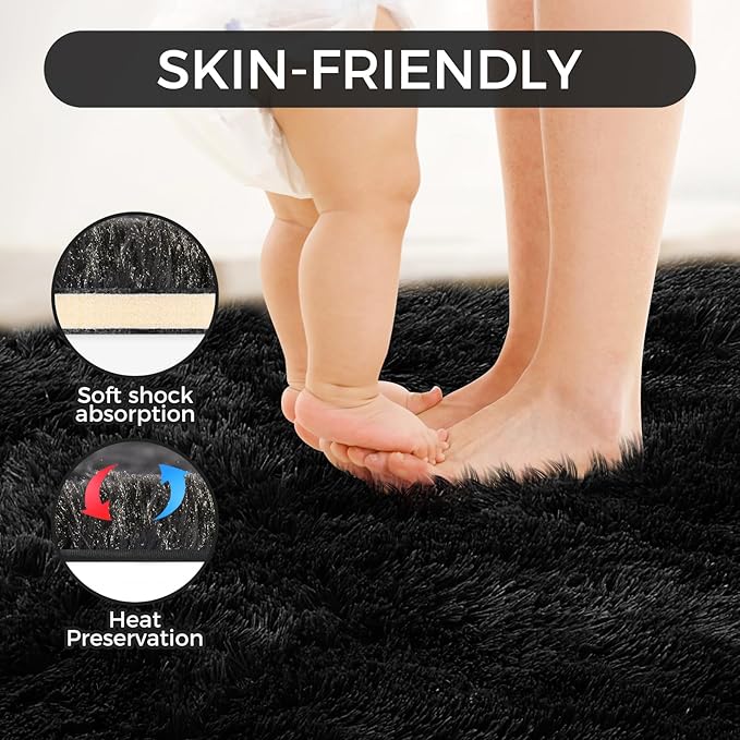 Ultra Soft Rug for Living Room, 6X9 Fluffy Shag Area Rug for Bedroom, Modern Shaggy Carpets Fuzzy Rug for Teens Dorm Nursery Home Decor Aesthetic, Upgrade Anti-Skid Durable, Black