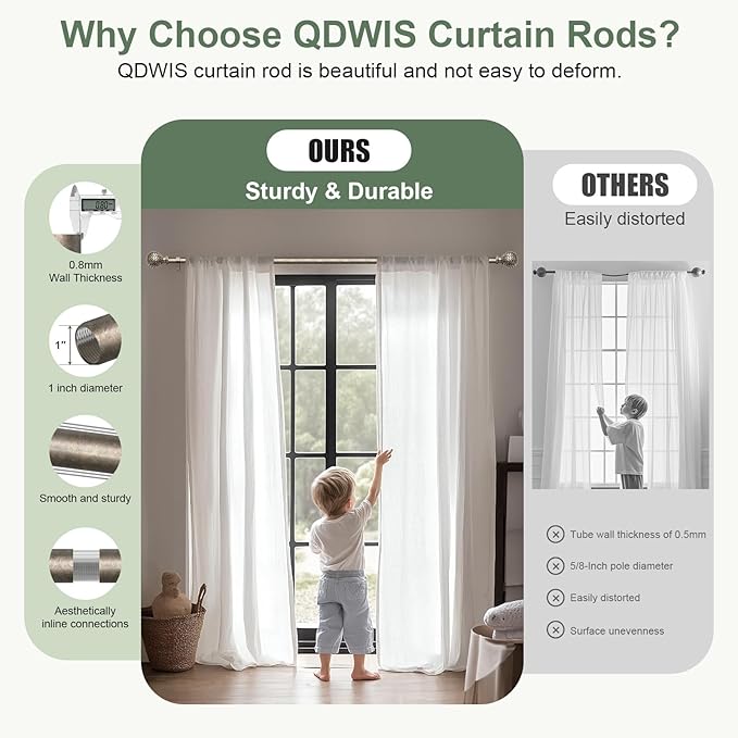 QDWIS 2 Pack Silver Curtain Rods for Windows 48 to 84 Inch,1'' Diameter Drapery Rods with Leaf Pattern Finials,Boho Adjustable Heavy Duty Curtain Rods Set,36-88'',Retro Silver