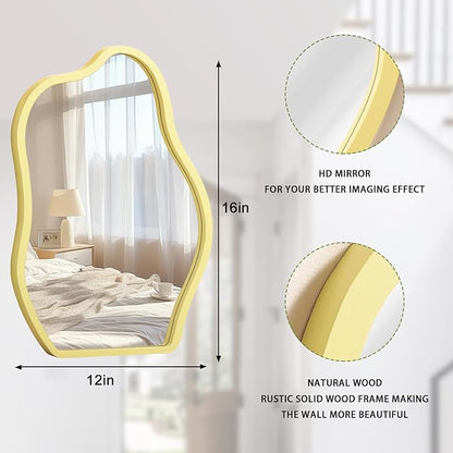 Asymmetrical Wooden Framed Wall Mirror Irregular Mirror for Wall Decor Modern Unique Shape Vanity Artistic Cloud Mirrors Decorative for Living Room Bedroom Bathroom Entryway Yellow