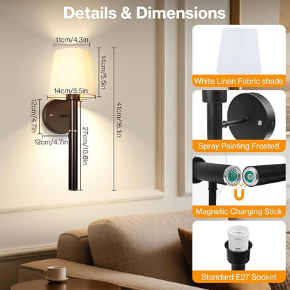 Battery Operated Wall Sconce Set of 2, 5200mAh Wireless Wall Lights with Detachable Charging Stick & Dimmable Bulbs, 3 Colors Rechargeable Wall Lamps for Bedroom Living Room Hallway Decor, Black