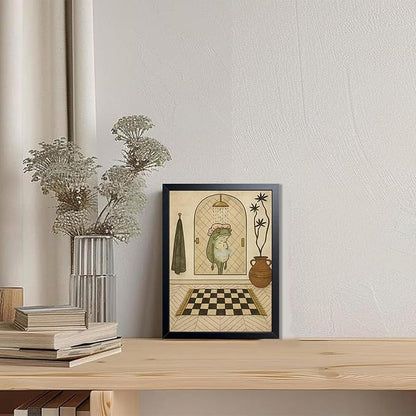 Funny Frog Bathroom Wall Art, Cute Frog Picture Wall Decor, Bathroom Animal Canvas Print Painting for Home Dorm Apartment Toilet Decor 8x10 Inch Framed