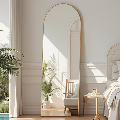 DMWOODFL 58"x18" Arched Full Length Mirror - Floor Standing or Wall Mounted with Stand, Aluminum Frame & Shatter-Proof Glass, Gold Freestanding Mirror for Bedroom, Living Room, Entryway Decor