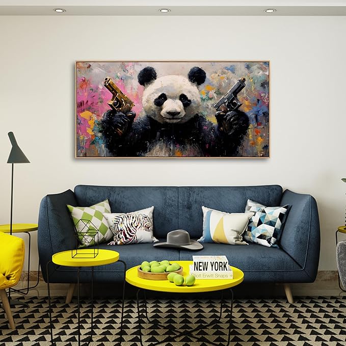 Sorbrozo Abstract Panda Canvas Wall Art - Vibrant Pop Art Animal Painting with Colorful Brushstrokes Modern Frame Wall Decor for Living Room Bedroom 24x48in