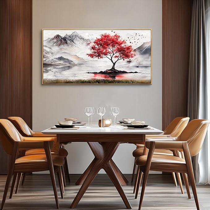 QIYILEXWART Wood Framed Large Wall Decor For Living Room Stretched And Framed Canvas Wall Art For Office Wall Decorations For Bedroom Red Tree Painting Farmhouse Pictures Home Decor