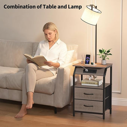 End Table with Floor Lamp, Nightstand with Charging Station, Floor Lamp Table with 3-Color Temperature Bulb, Bedside Table Night Stand with 2 Drawers for Bedroom, Living Room, Greige