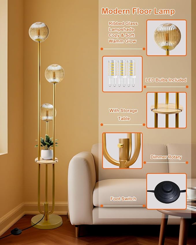 Globe Glass Floor Lamp with Table, Gold Tall Standing Lamps Dimmable, 3000K Warmwhite Mid Century Modern Floor Lamp with 5Lbs Heavy Base for Living Room/Bedroom