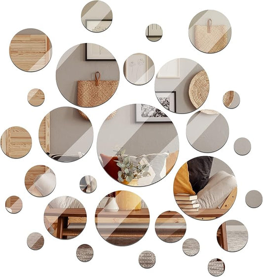 Jetec Real Glass Round Mirror Tiles Frameless Round Wall Mirrors Glass Mirror Tiles Wall-Mount Mirrors with Acrylic Double Sided Adhesive for Bedroom Bathroom Craft (28 Pcs, 1/2/3/4/5/6 Inch)