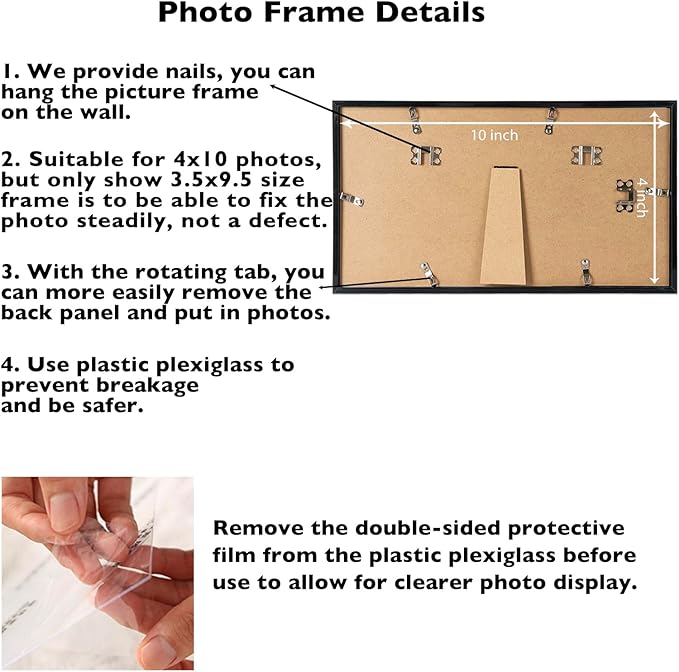 JCJMY 4x10 Picture Frame Set of 6 Black for Wall Hanging or Tabletop, Wall Mounting Horizontally or Vertically, 4 x 10 Wall Gallery Poster Photo Frame with Shatter Resistant Plexiglass, 6 Pack, Black