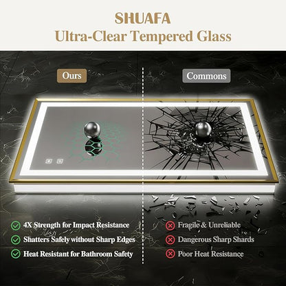 40X36 Inch LED Bathroom Mirror with Lights, Gold Frame Frontlit+ Backlit Bathroom Vanity Mirror for Wall, Ultra-Clear Tempered Glass, Shatter-Proof, Anti-Fog and Memory Function, ETL Listed