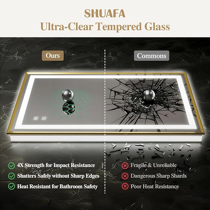 30X36 Inch LED Bathroom Mirror with Lights, Gold Frame Frontlit+ Backlit Bathroom Vanity Mirror for Wall, Ultra-Clear Tempered Glass, Shatter-Proof, Anti-Fog and Memory Function, ETL Listed