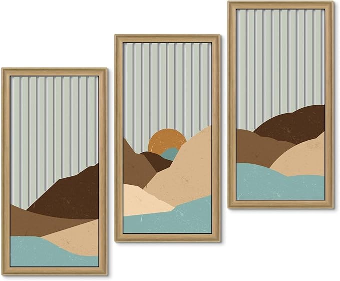 Putuo Decor Boho Mountain Wall Decor Set of 3, Mid Century Modern Wall Art Abstract Landscape Artwork with Sunset Striped Background Wall Hanging Sculptures for Living Room Bedroom Office 16x8in
