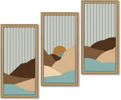 Putuo Decor Boho Mountain Wall Decor Set of 3, Mid Century Modern Wall Art Abstract Landscape Artwork with Sunset Striped Background Wall Hanging Sculptures for Living Room Bedroom Office 16x8in