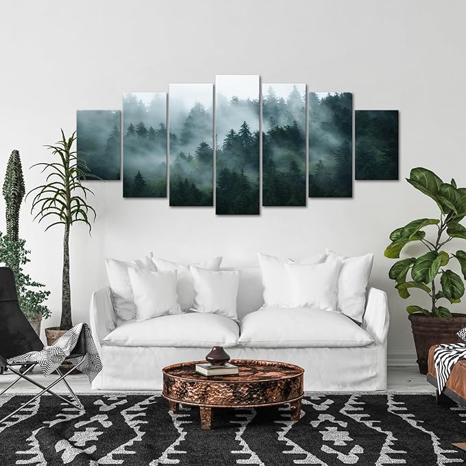 iKNOW FOTO XLarge 7 Panel Canvas Print Wall Art Misty and Fog Over Dark Mountain Forest Wilderness Nature Photography Modern Art Rustic Landscape Picture 70x32 Inches