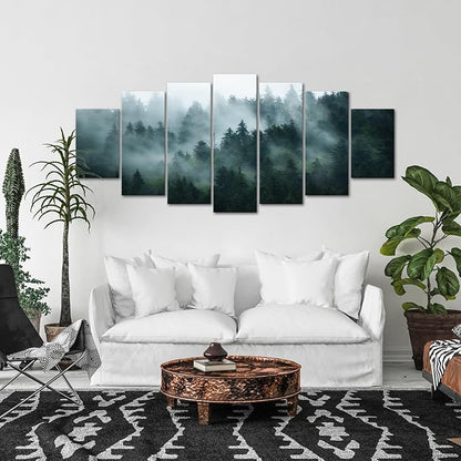 iKNOW FOTO XLarge 7 Panel Canvas Print Wall Art Misty and Fog Over Dark Mountain Forest Wilderness Nature Photography Modern Art Rustic Landscape Picture 70x32 Inches