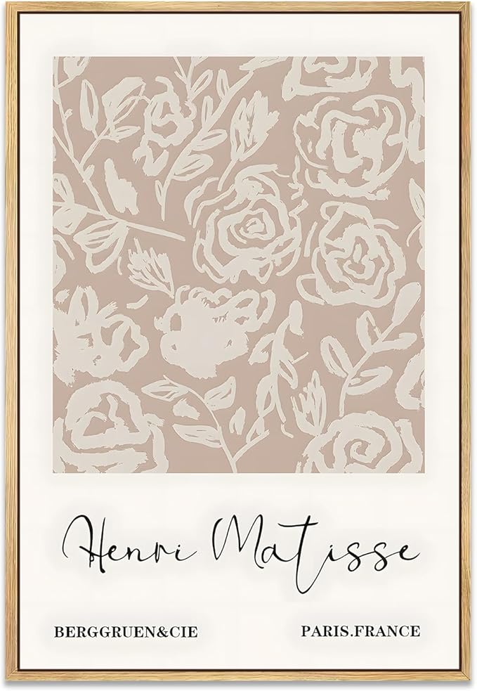 Zzuyi Framed Matisse Neutral Wall Art,Beige Abstract Floral Matisse Canvas Wall Decor,Abstract Modern Minimalist Prints for Bathroom, Living Room, Dining Room 12x16in