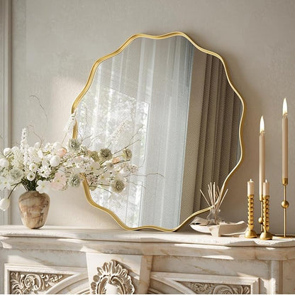 VooBang Gold Scalloped Circle Mirror, 20" Wavy Edge Round Wall Mirror with Tempered Glass Textured Circular Metal Deep Frame, Hanging Leaning for Bathroom, Hallway, Entryway, Livng Room